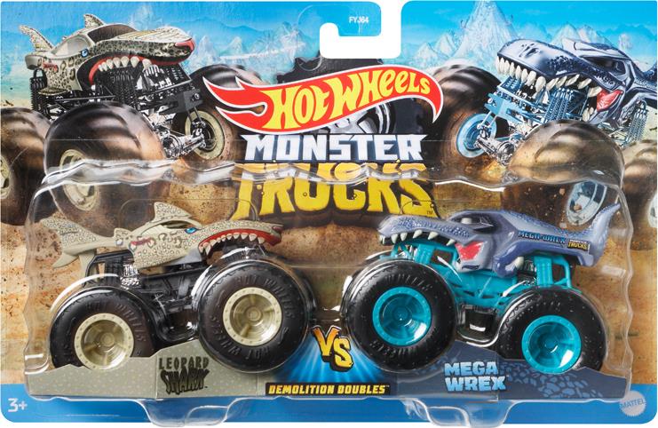 ماشین فلزی هات ویلز کامیون های هیولا  مدل لئوپارد شارک در مقابل مگا ورکس Hot Wheels Monster Trucks Leopard Shark VS Mega Wrex Demolition Doubles FYJ64